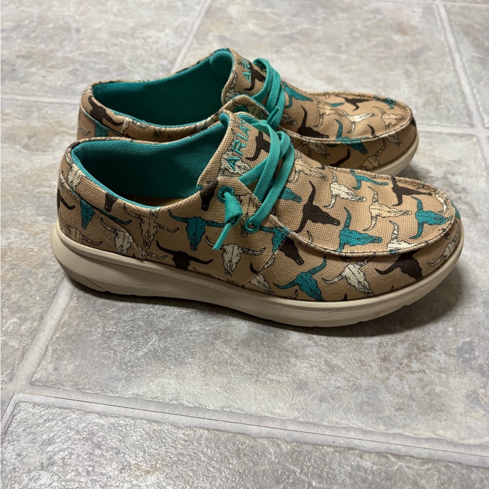 Wore once. Ariat Tan Canvas Sneakers with Teal and Brown. - Picture 2 of 4